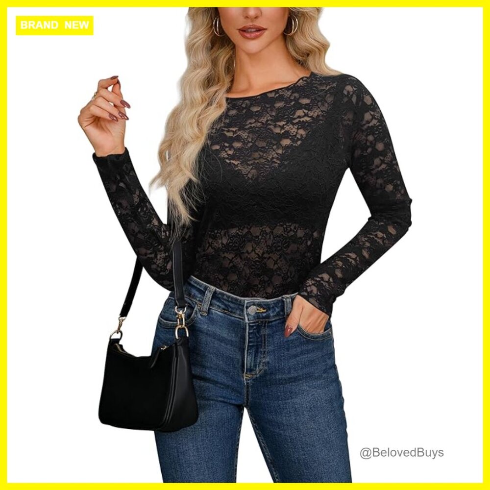 Sheer Mesh Lace Long Sleeve Blouse Slim Fit Layering Top Floral Pattern